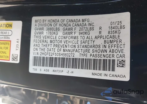 2025 Honda Civic Sport из США, поврежденный, VIN 2HGFE2F50SH560272